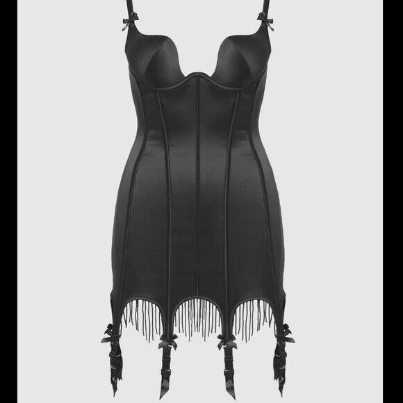 Plunge Push Up Satin Corset Dress with Garters and Beaded Fringe - Picture 3 of 3